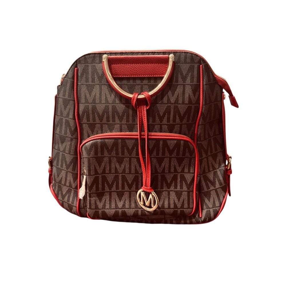 MKF Collection Brown Red Monogram Backpack Convertible Handbag NWT